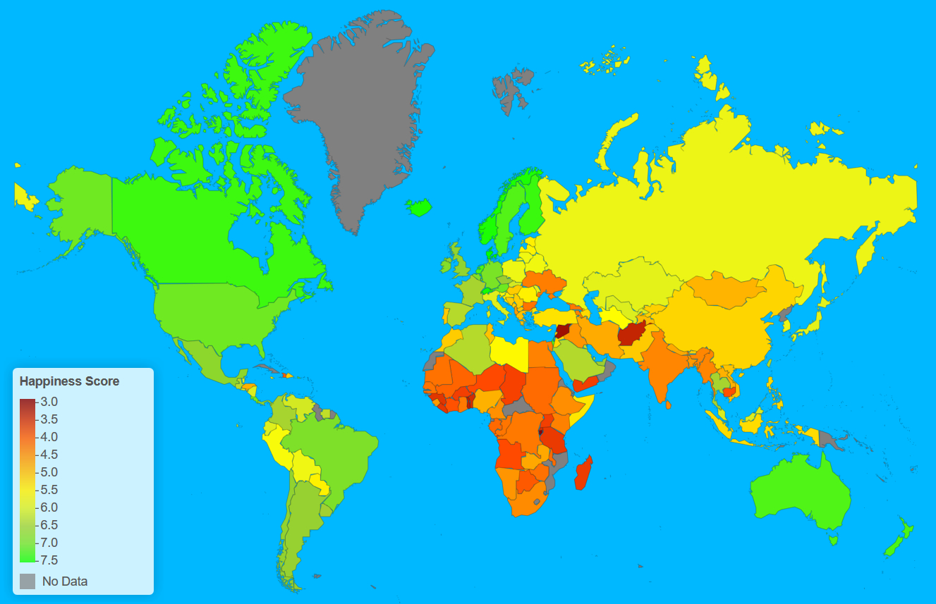 Mapa pokazująca poziom szczęśliwości na świecie